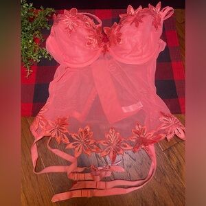 Victoria's Secret Coral Floral Lace Corset With Garter Straps